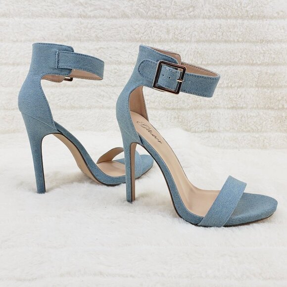 Light Denim Single Ankle & Toe Strap 4.5" High Heel Stiletto Shoes - Picture 3 of 10